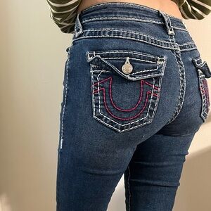 True Religion Women's Dark Blue Skinny Jeans with Red Stitching